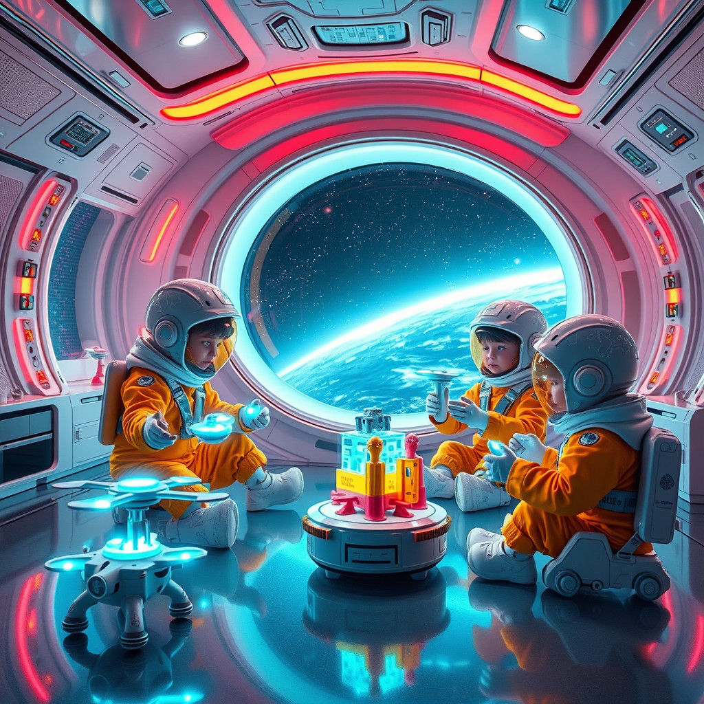 Children in Neon Space Suits Play in Futuristic Kindergarten