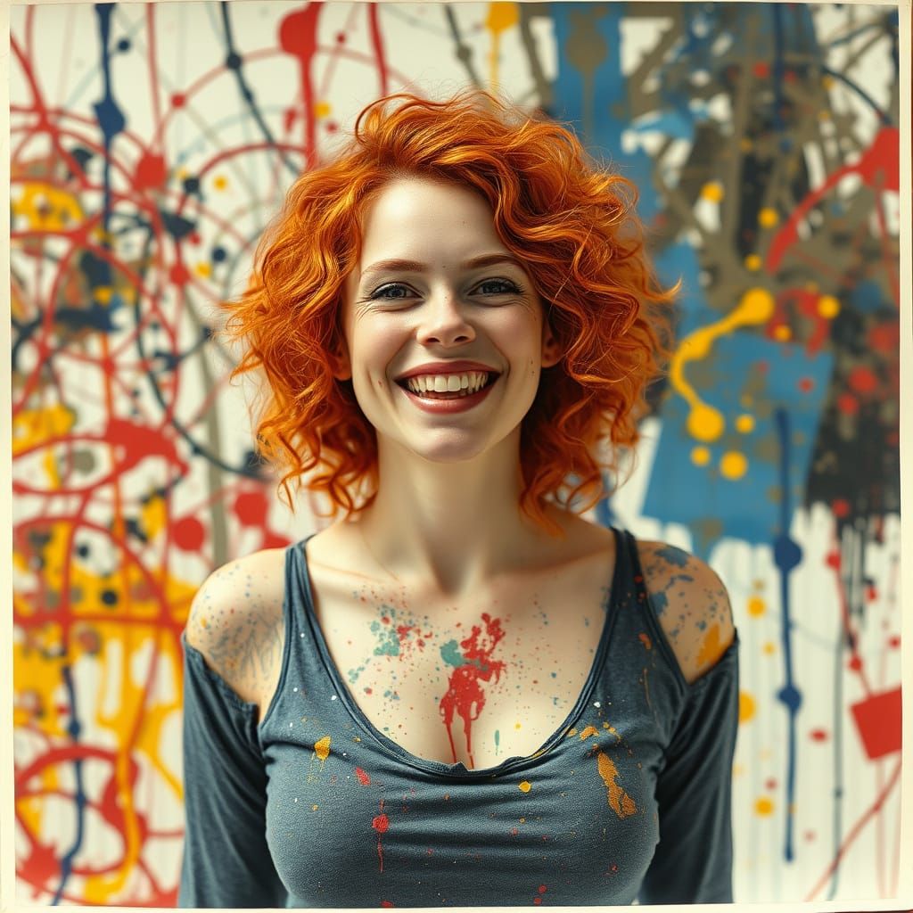 Gorgeous Red Haired Woman in Vibrant Splatters, Polaroid Sty...