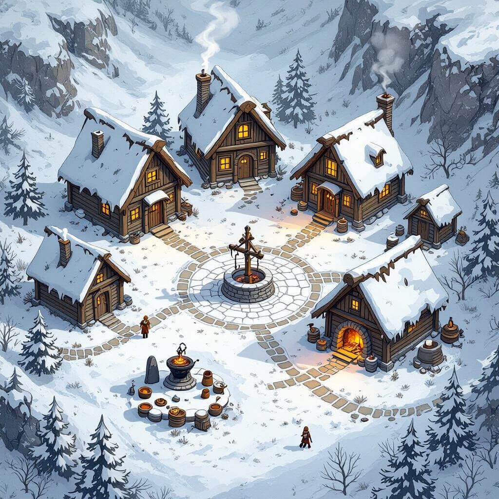 Fantasy Map of Nordic Village in Frozen Valley