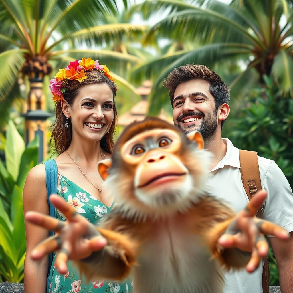Couple's Tropical Holiday in Bali with Mischievous Monkey