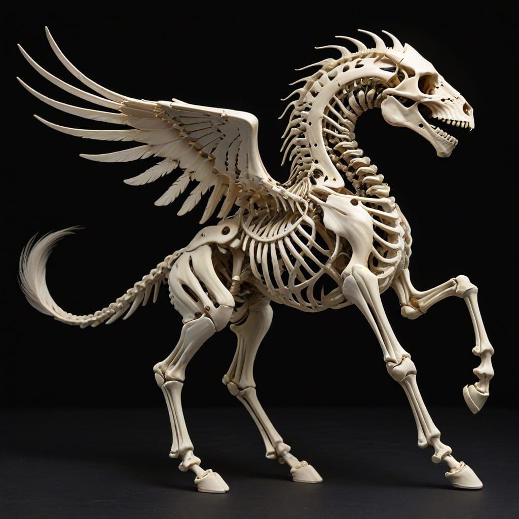 A detailed anatomical skeleton of a hippogriff.  ...