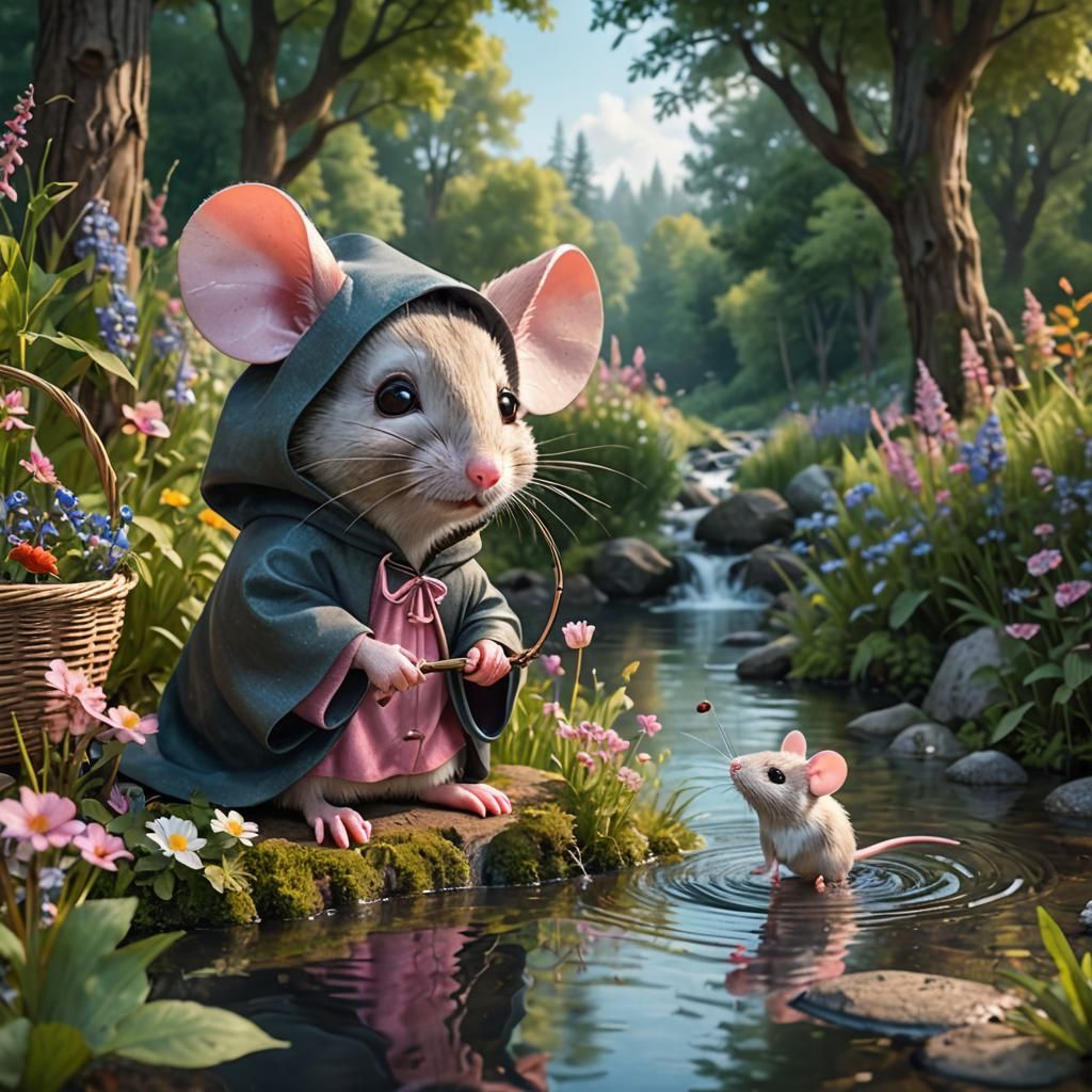 Mouse in Hooded Cloak Fishing in Wildflower Forest