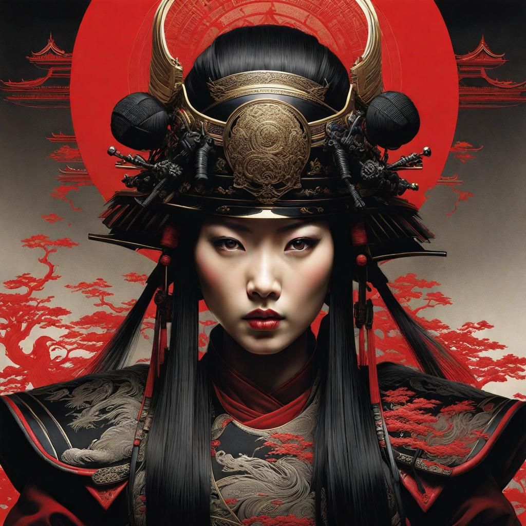 Gorgeous Female Samurai Portrait in Acrylic Style