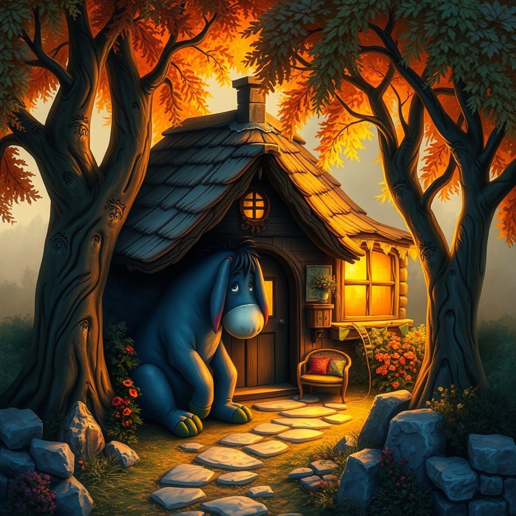 Whimsical Eeyore's Cozy Cottage in a Serene Woodland