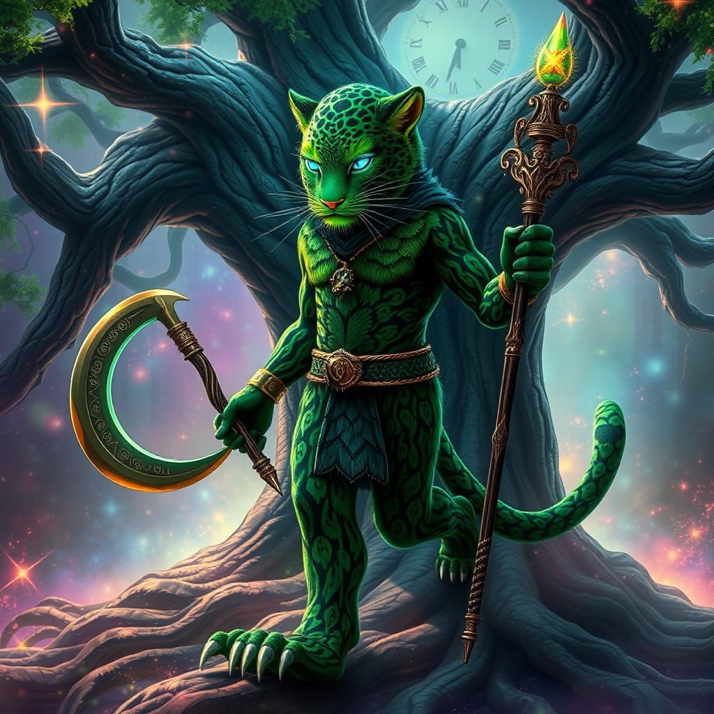 Emerald Leopard-Man with Sickle of Time and Staff
