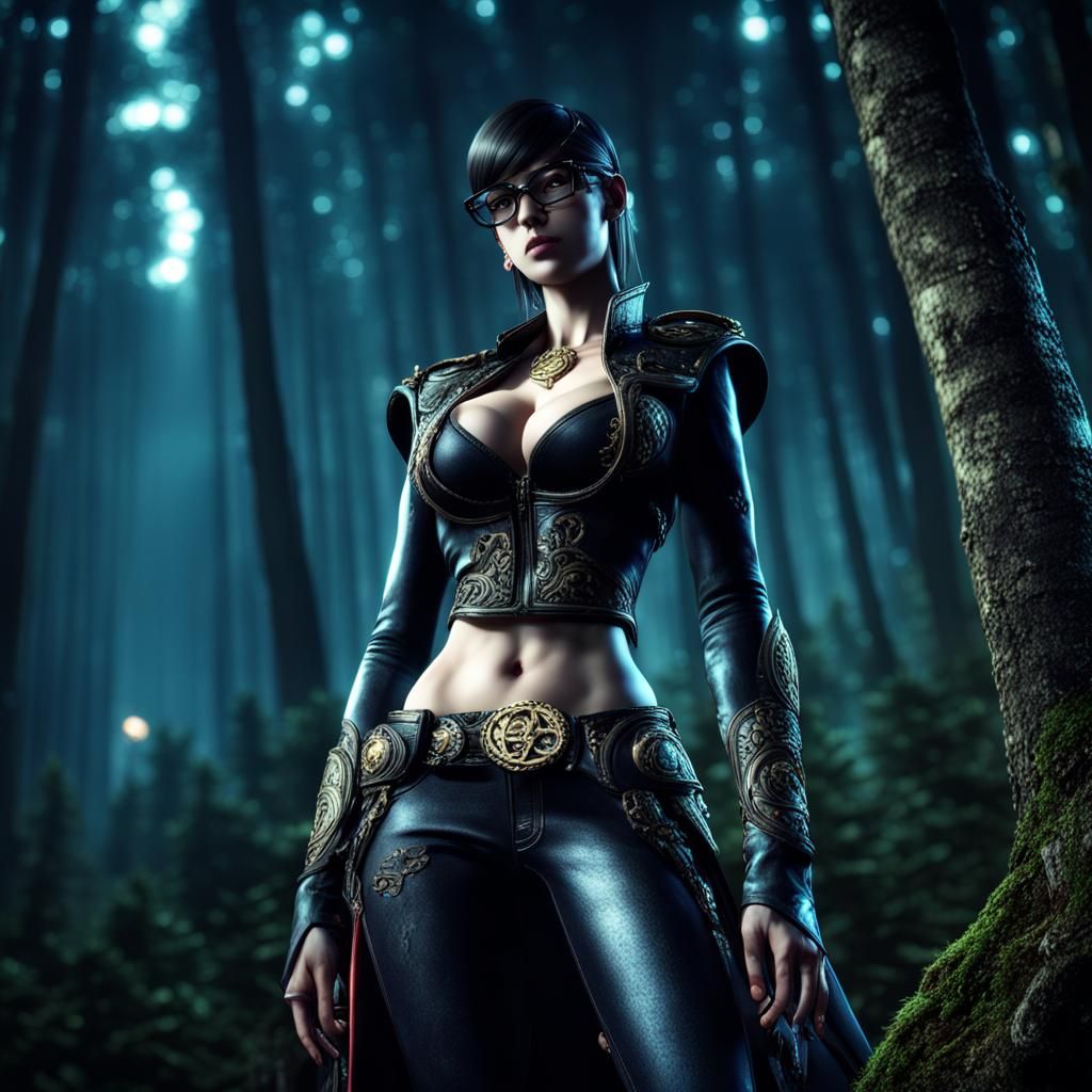 Hyperrealistic Bayonetta in a Night Forest