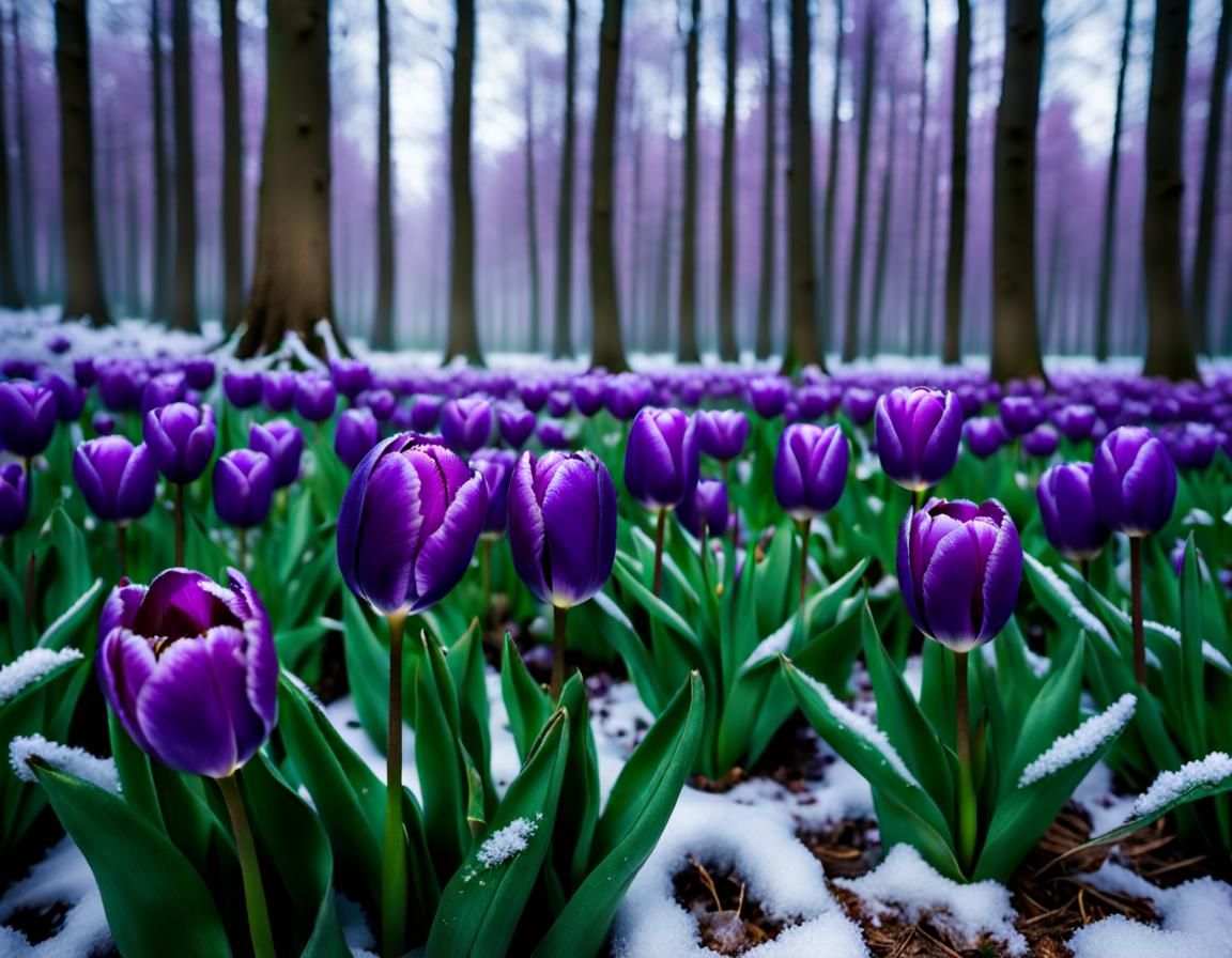Violet Tulips in Winter Forest: Macro Photography