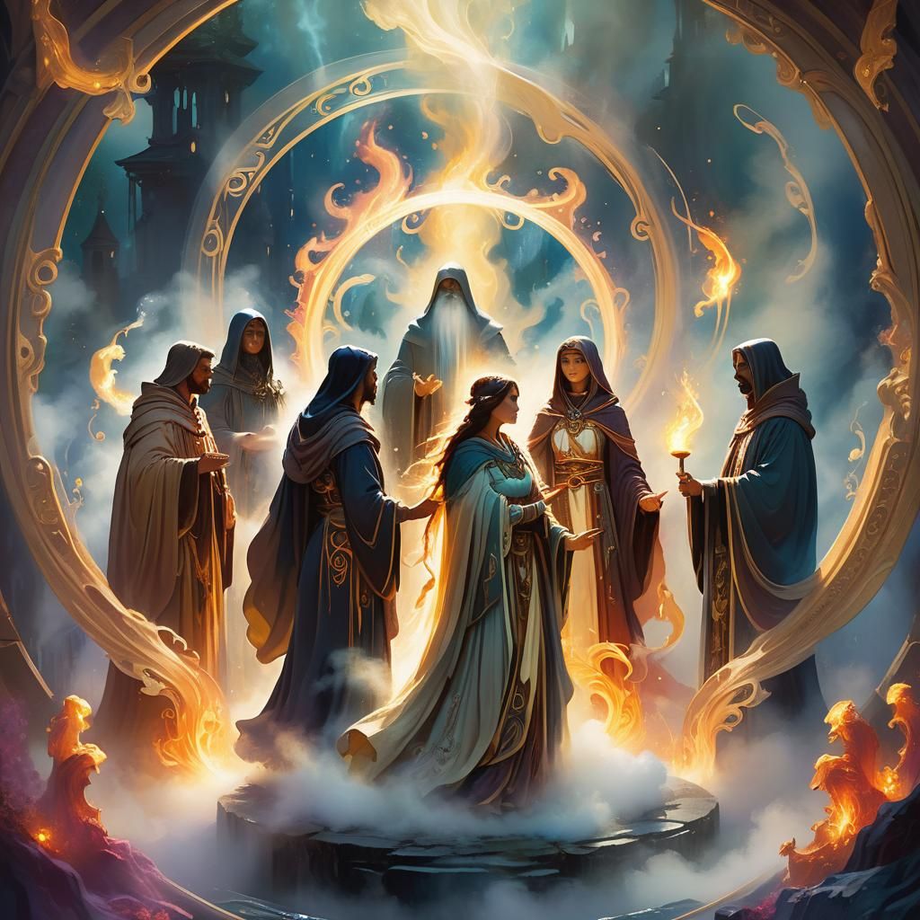 Mystical Circle of Figures Casting Protective Spell