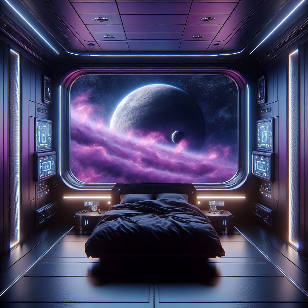 a futuristic bedroom on a spacestation, with a large window,...