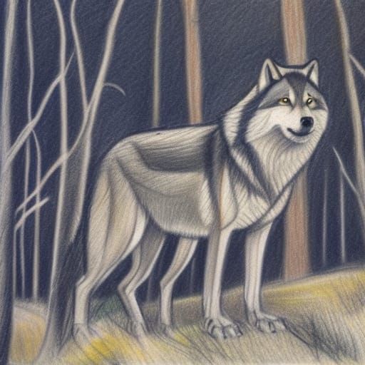Wolves in Forest Crayon Drawing