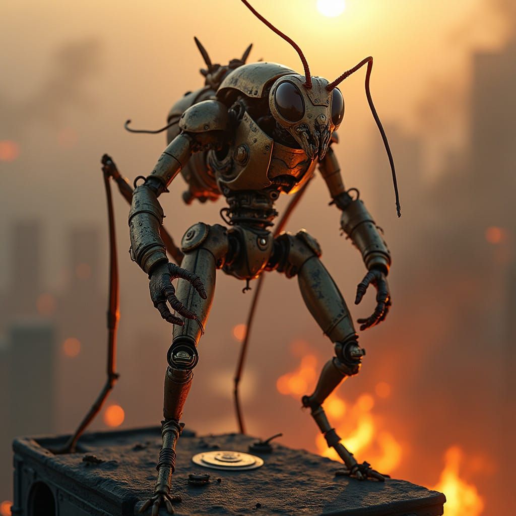 Heroic Steampunk Ant Stands Tall Amidst Burning Skyscraper