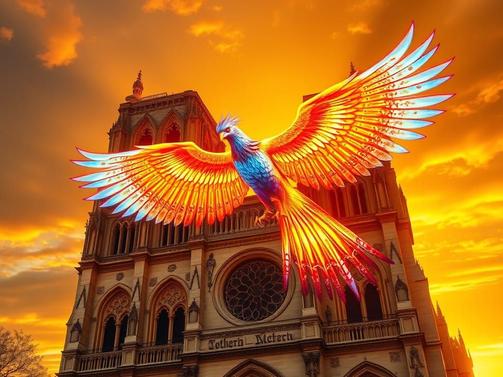 Surrealistic Notre Dame Reborn in Radiant Phoenix Glory
