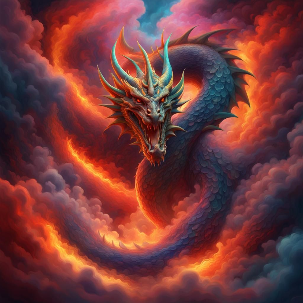 Fantasy Dragon Portrait with Abstract Fractal Curves