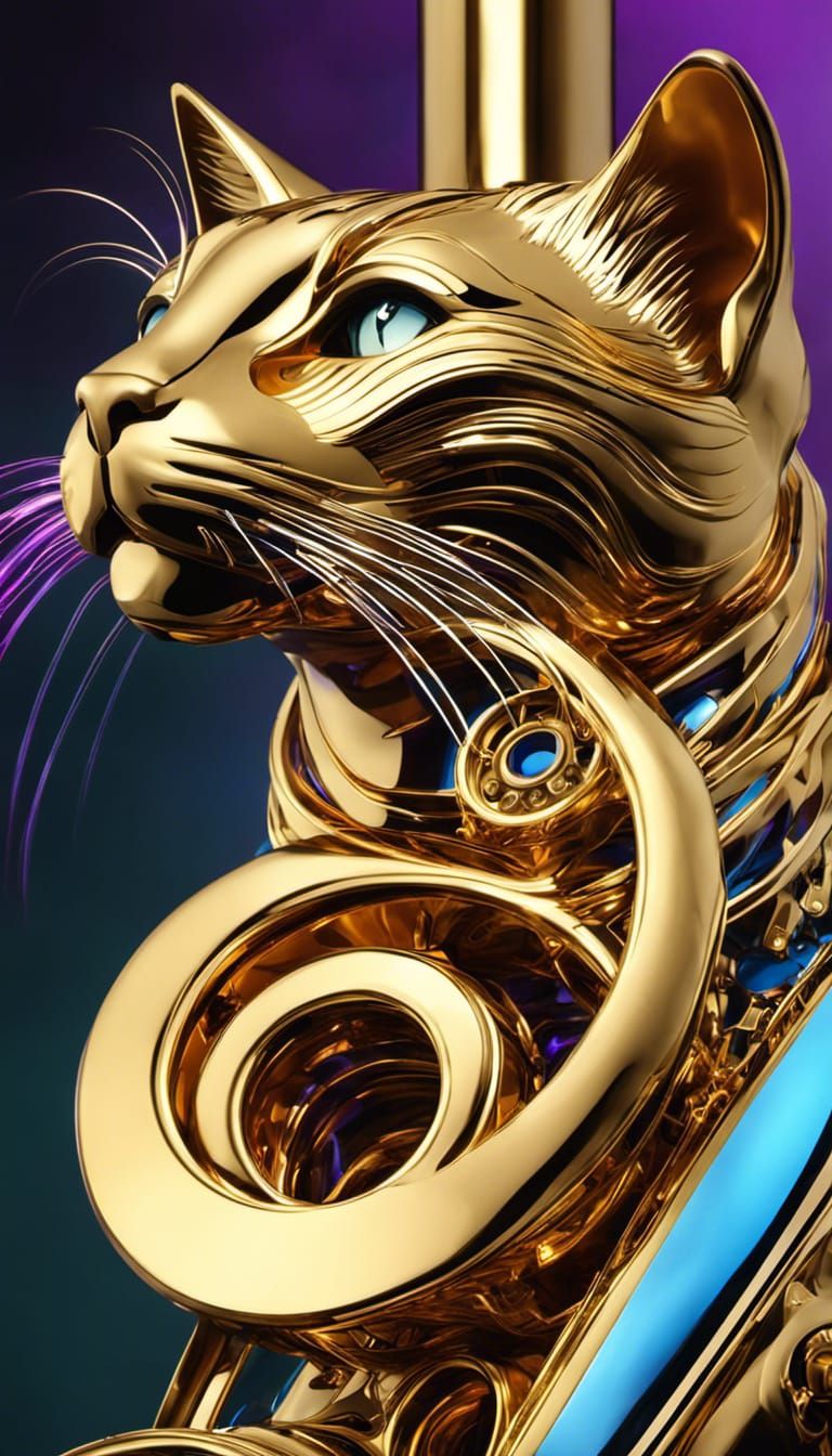 Steampunk Saxophone Cat in Gold and Violet