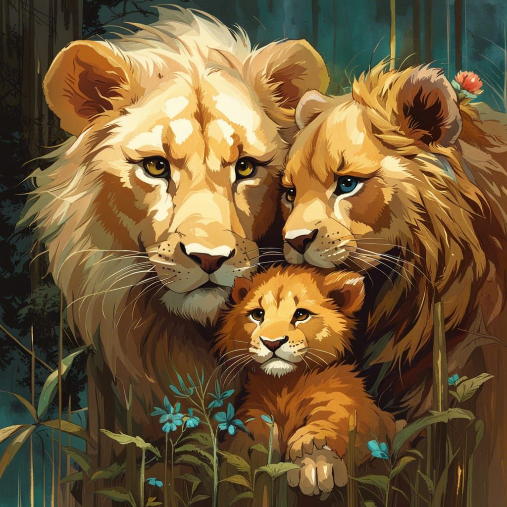 Chibi Lion Family Portrait in Hyperdetailed Style