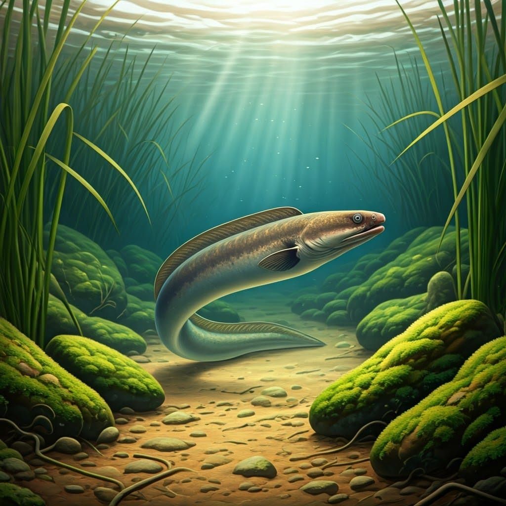 Eel in Algae-Filled Swamp Ecosystem