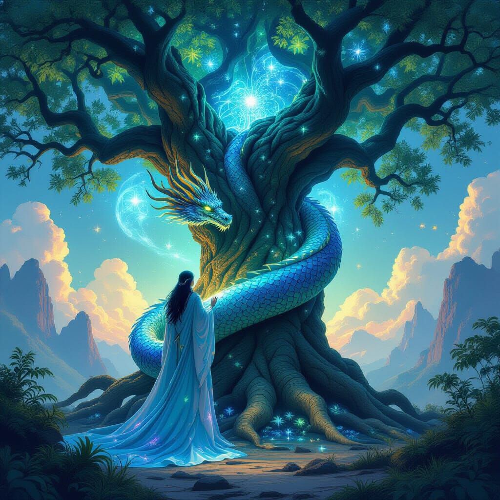 Celestial Dragon Coiled Around Ancient Tree