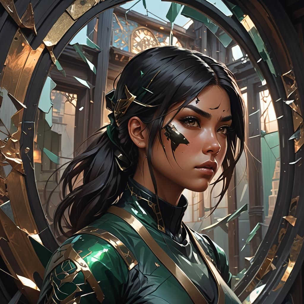 Ninja Girl Stares into Shattered Mirror, Hyperdetailed Portr...