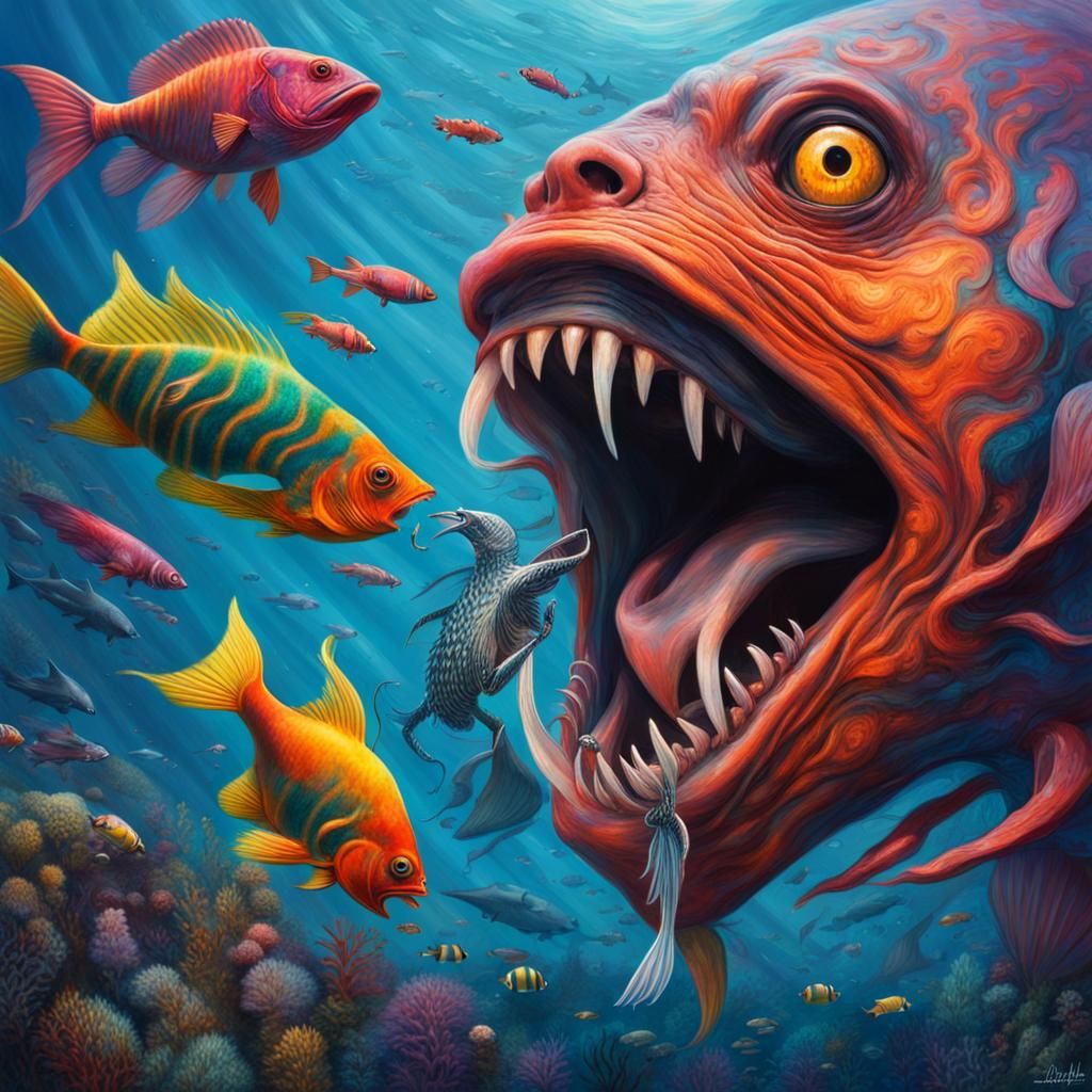 Brightly orange coloured creature about to eat its dinner of tropical fish.