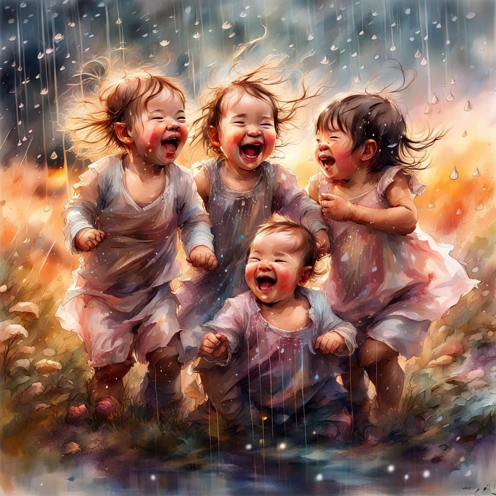 Babies Laughing in Rain: Stylized Watercolor Art