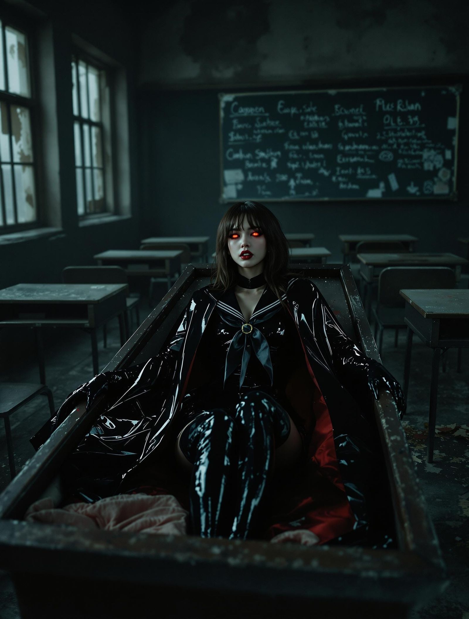 Mysterious Vampire Girl in Sailor Uniform, Dark Academia Sty...