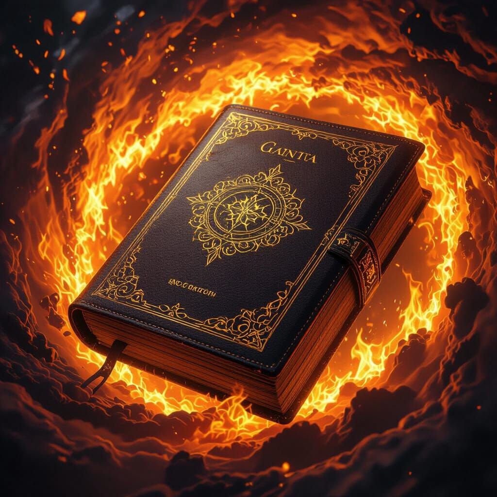 Flaming Bible with Golden Filigree in Matte Painting Style