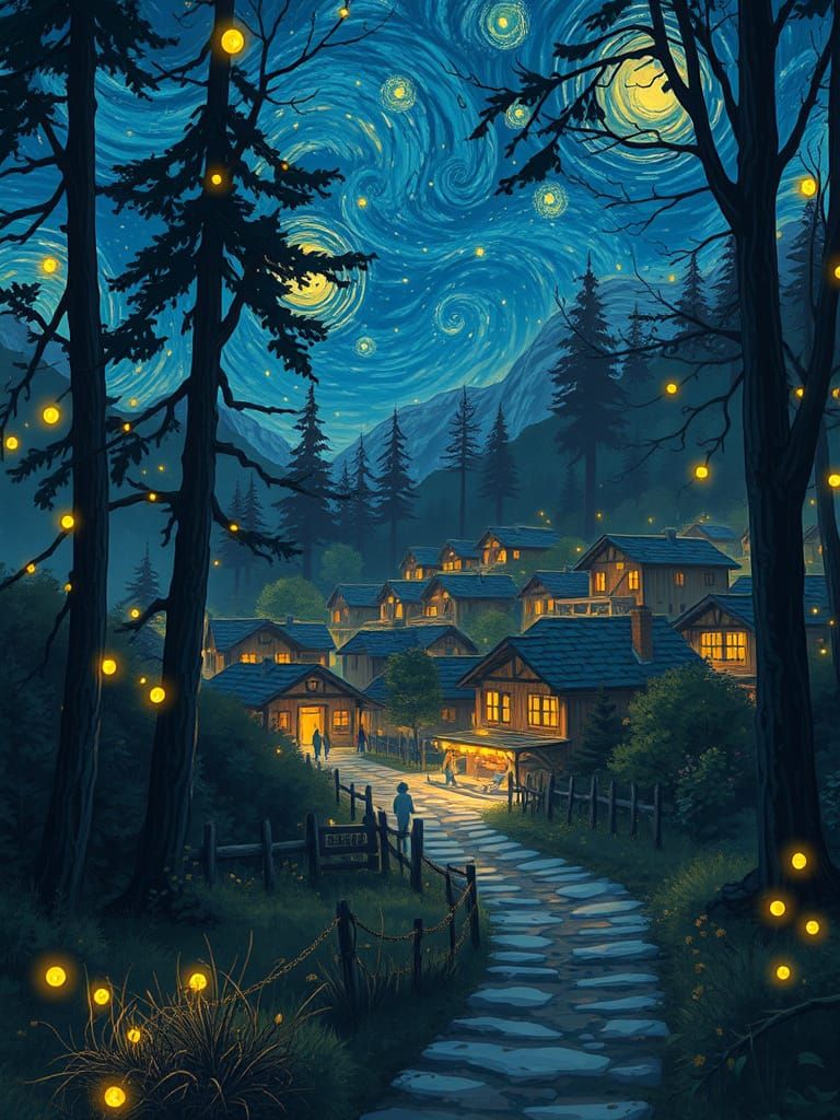 Whimsical Village in Enchanted Forest, Anime Style