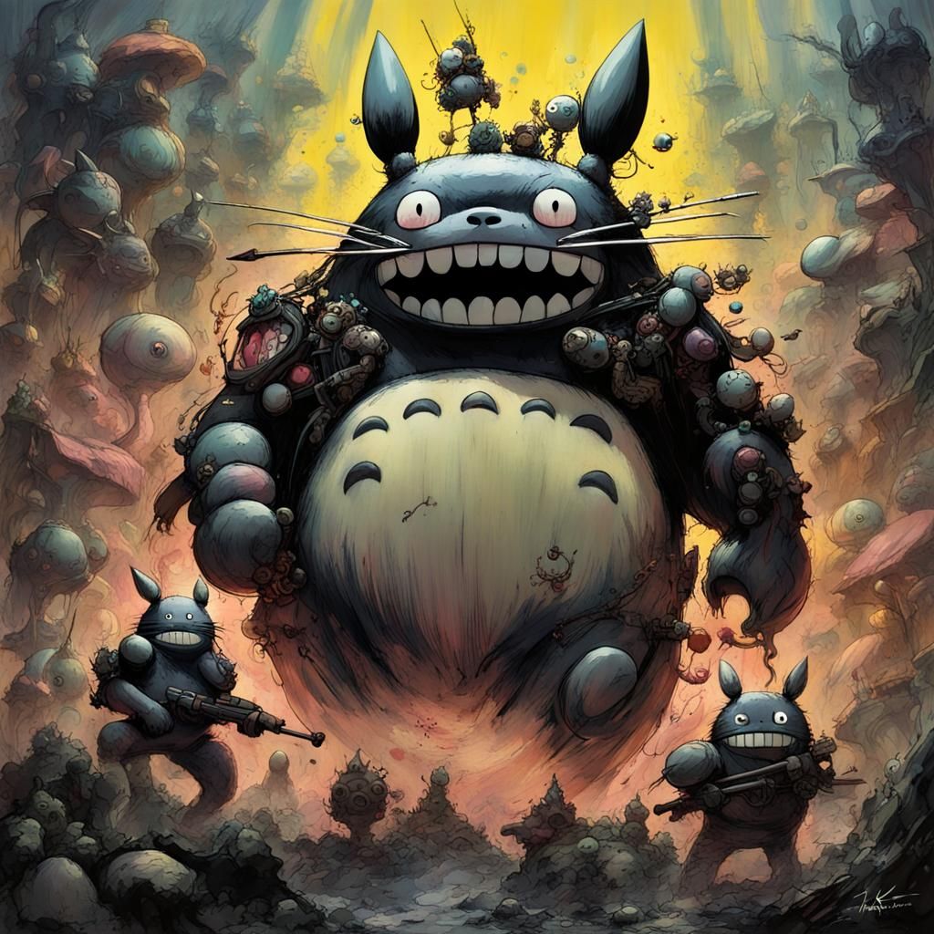 Humorous Cyborg Totoro Battle in Dark Fantasy Style