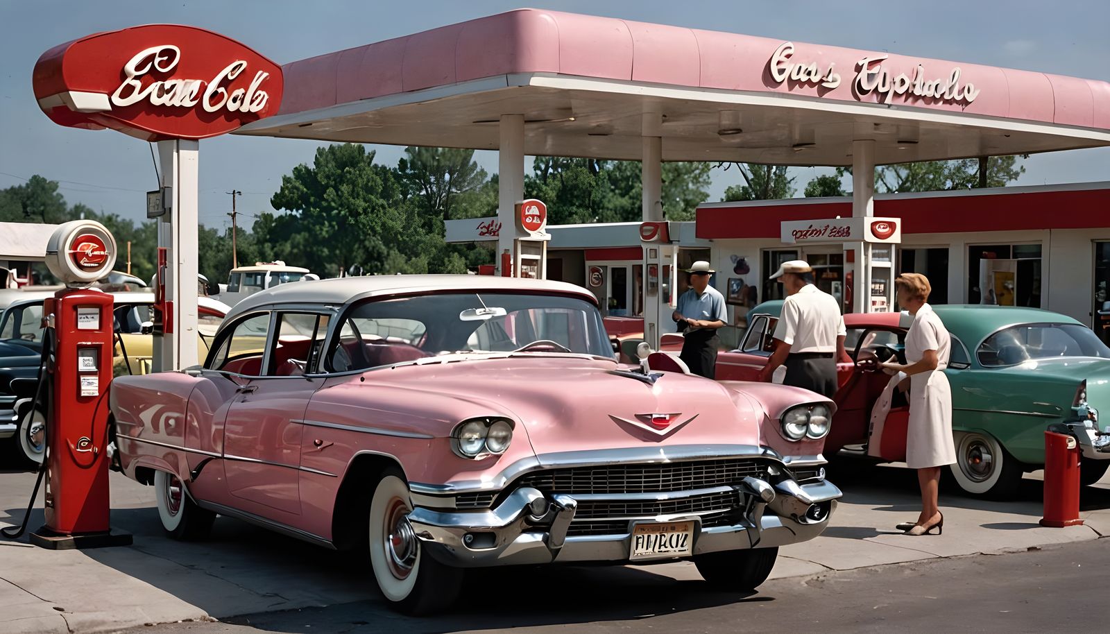 Retro 1950s Gas Station Scene with Classic Cars