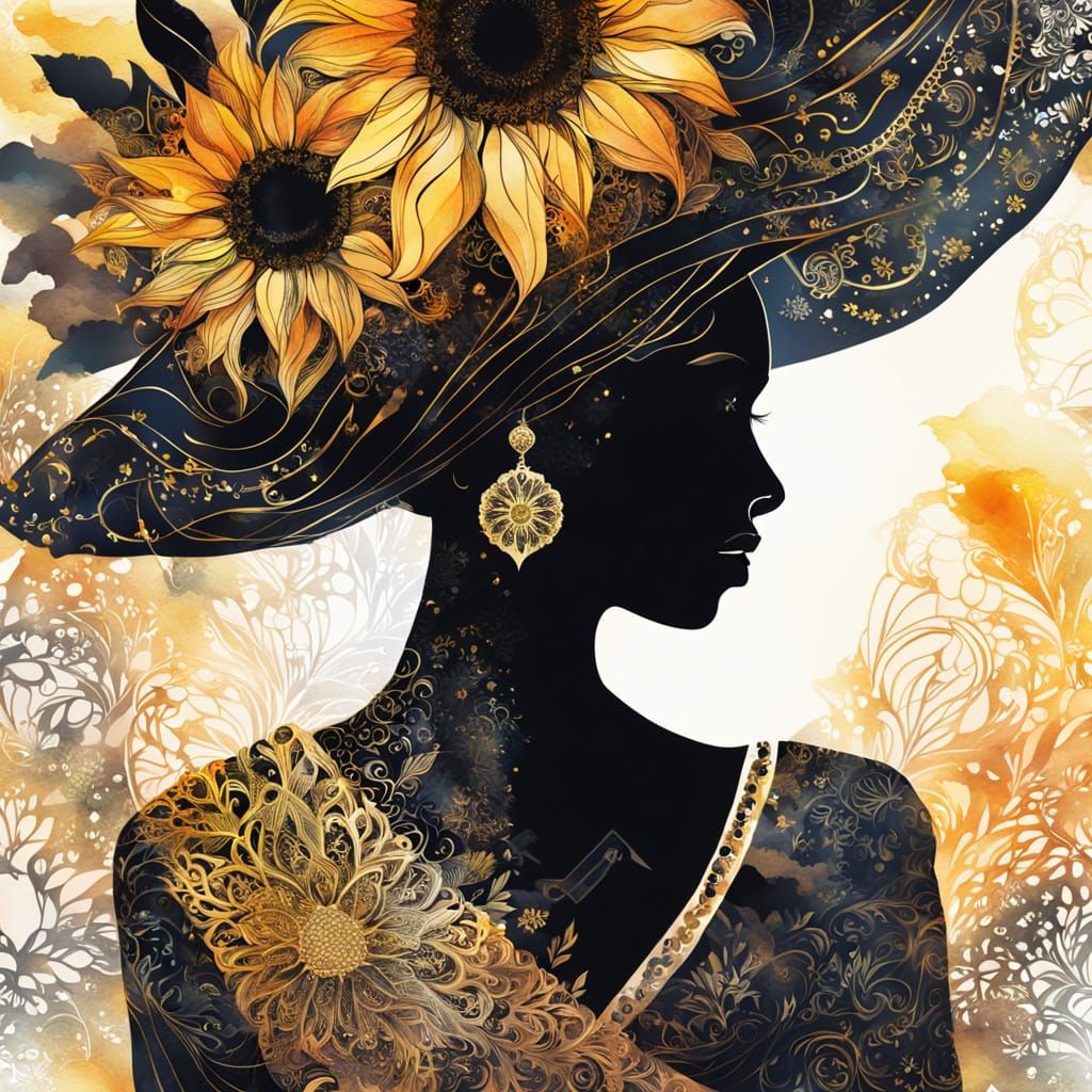 Vibrant Watercolor Silhouette with Sunflower in Golden Light