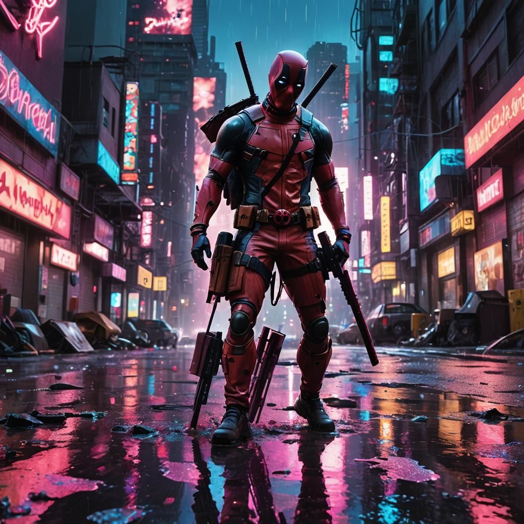 Deadpool in Cyberpunk Cityscape