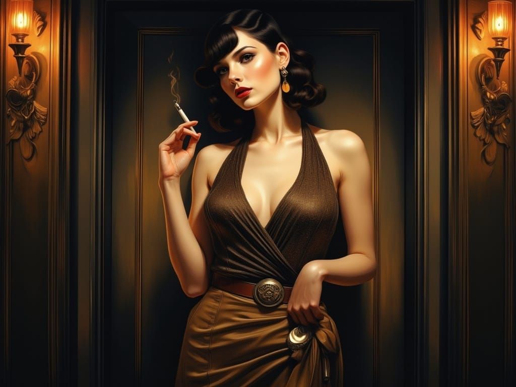 Elegant Woman in Art Deco Style on Cigarette Break