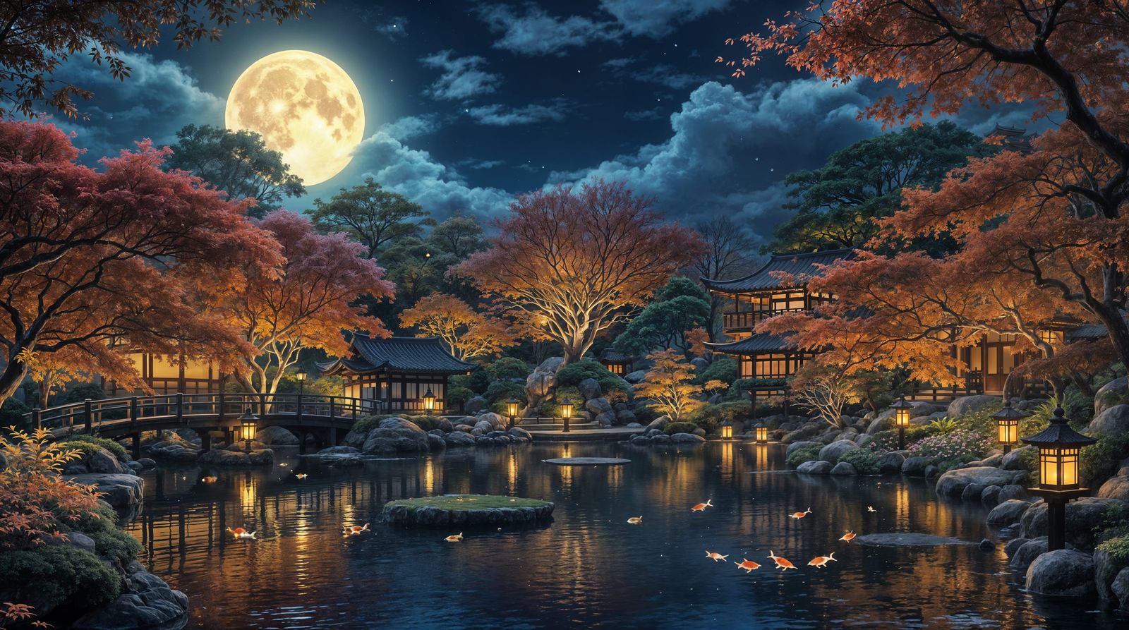 Moonlit Japanese Garden at Night in Autumn