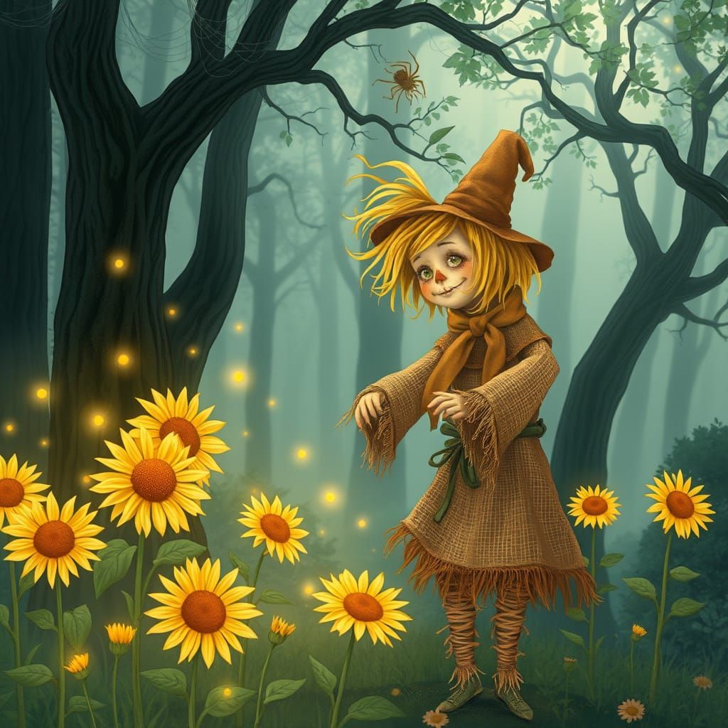 A whimsical scarecrow with flowing straw hair in honey yello...
