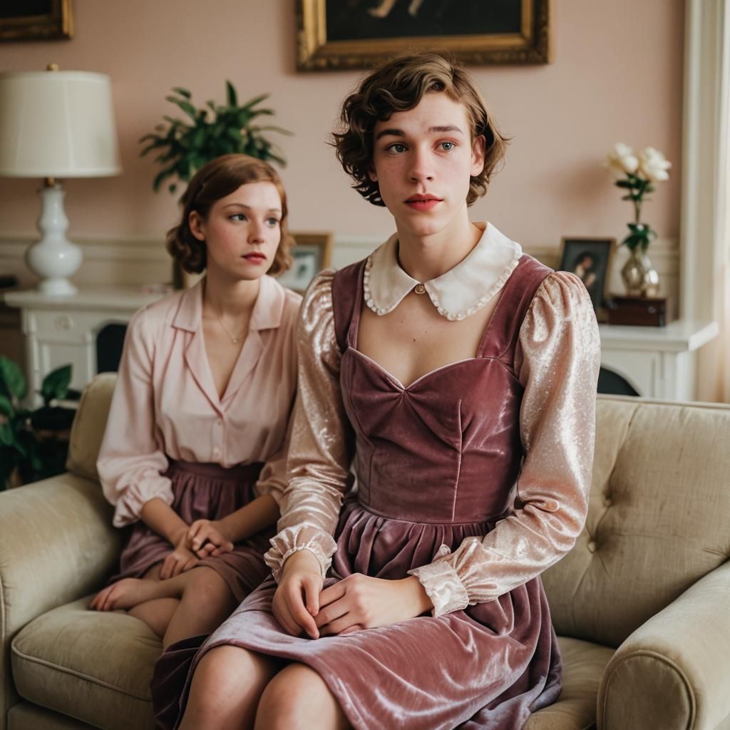 Boy Crossdressing in Velvet Dress: Fashion Photography Portr...