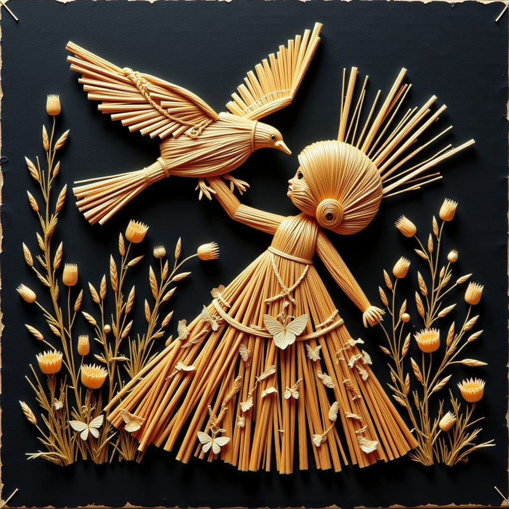 Golden Straw Applique on Black Background