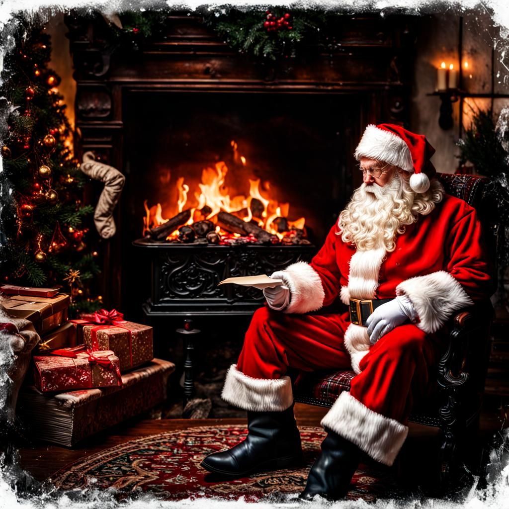 Hyperrealistic Santa Reading List by Fire