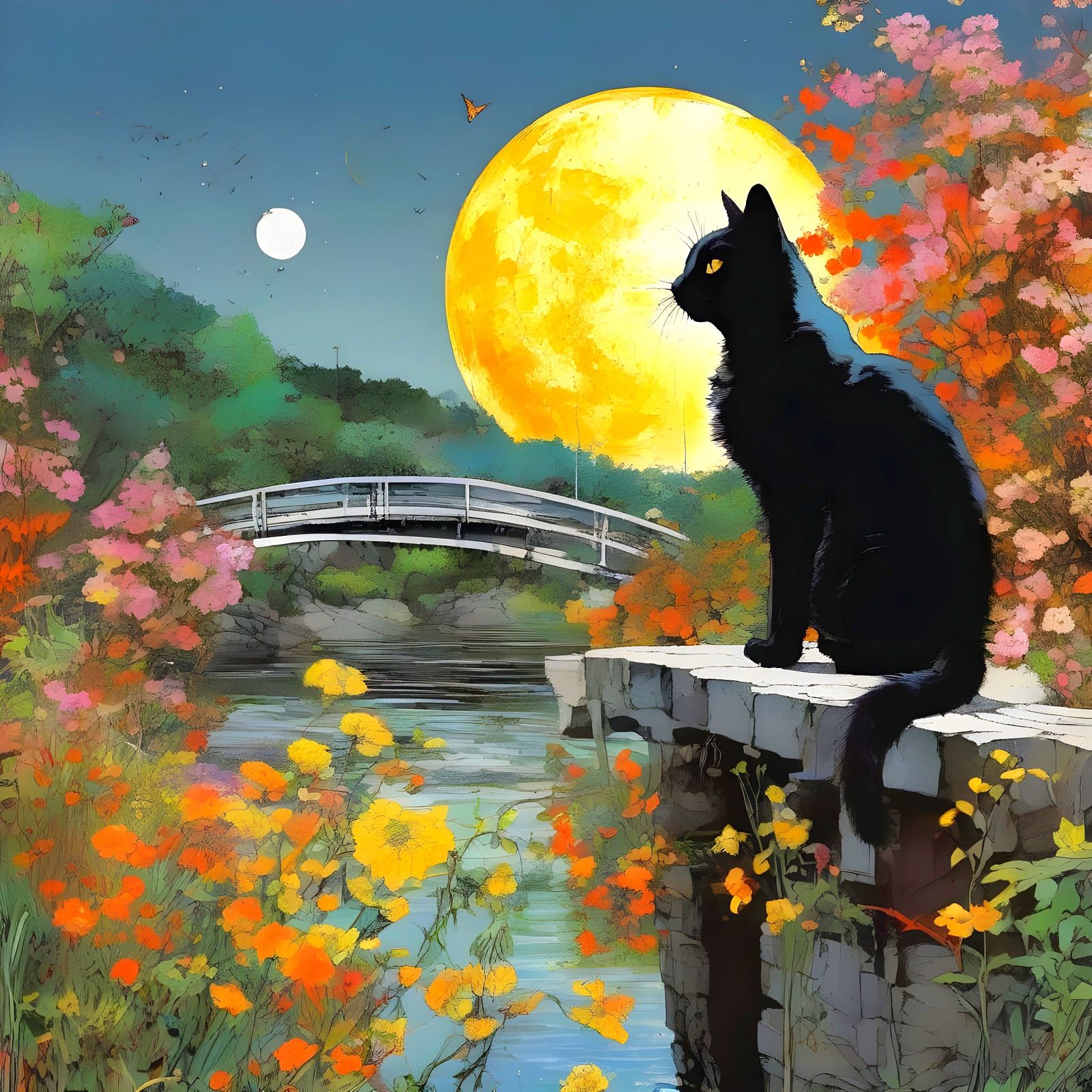 Vibrant Cat Contemplates Calm River in Moonlit Garden