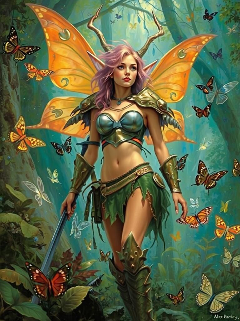 Elven Warrior in Bikini Armor Amidst Butterflies in Magical ...