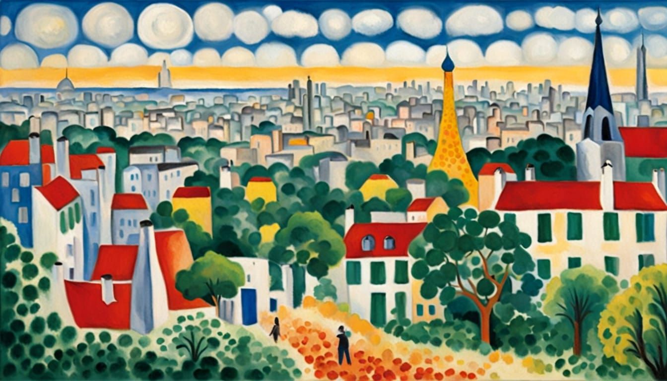 Whimsical Parisian Cityscape in Folk Art Style