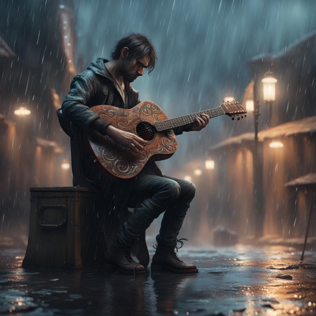Sad Man with Guitar: Detailed Matte Painting
