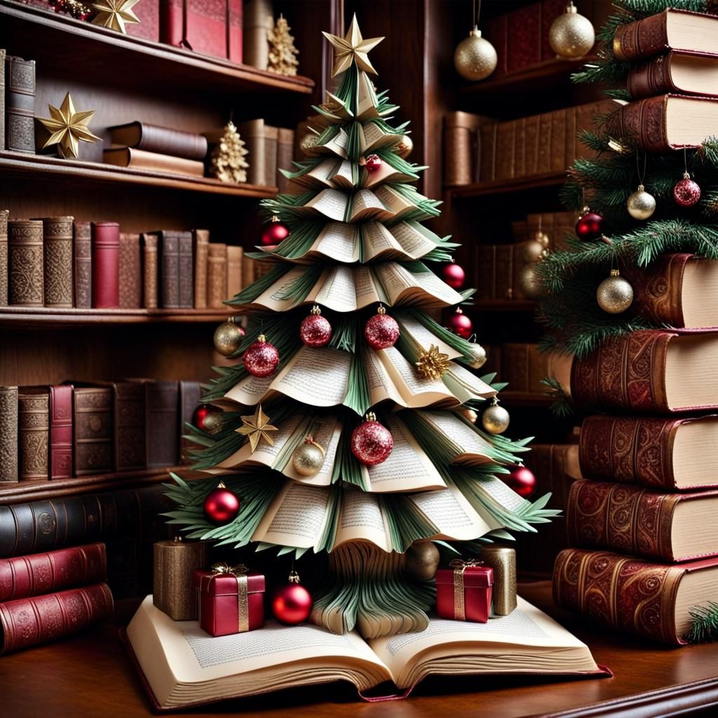 Christmas Tree with Book Ornaments