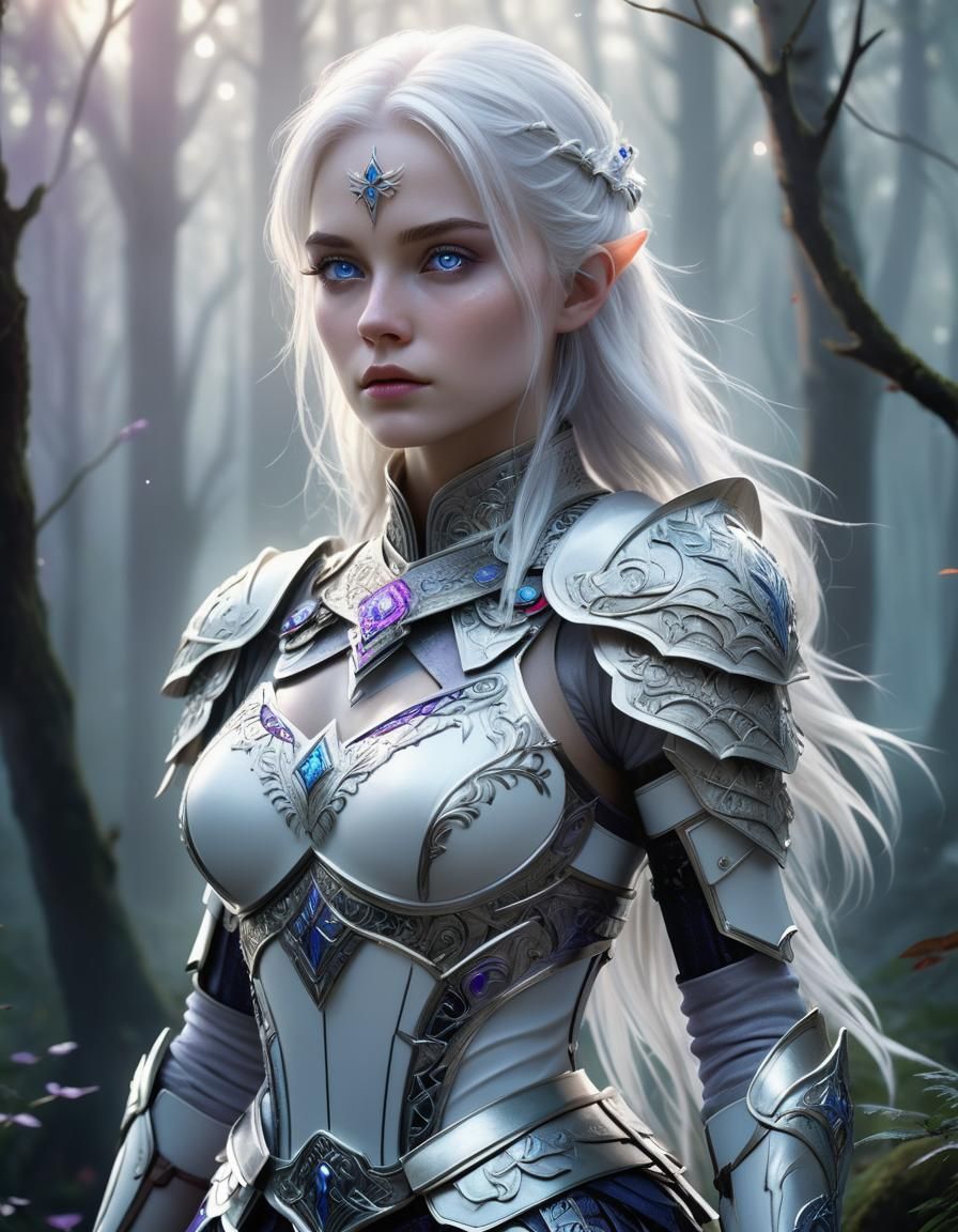 Mystical Girl Warrior in Silver Armor: Digital Art