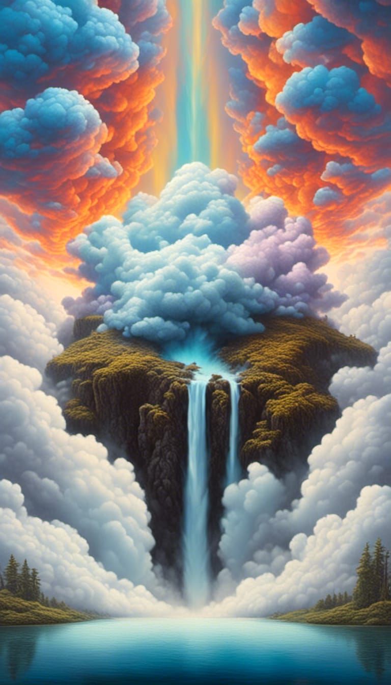 Prismatic Cloud Head Near Waterfall in Afrofuturist Style