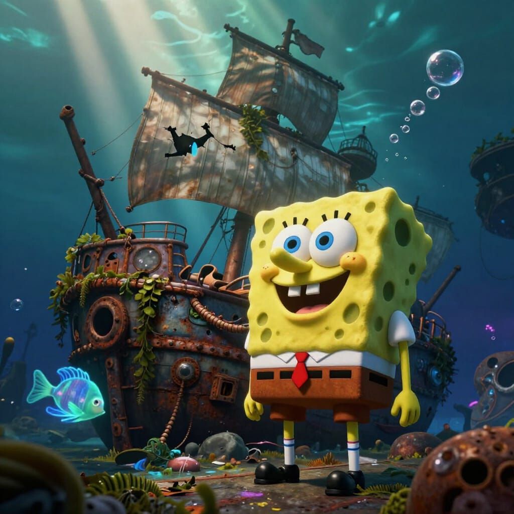 SpongeBob Explores Sunken Pirate Ship in Eerie Light