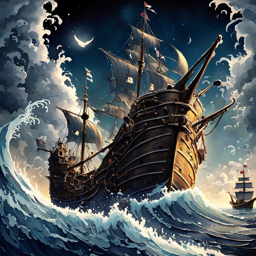Mystical Pirate Ship in Stormy Night Scene
