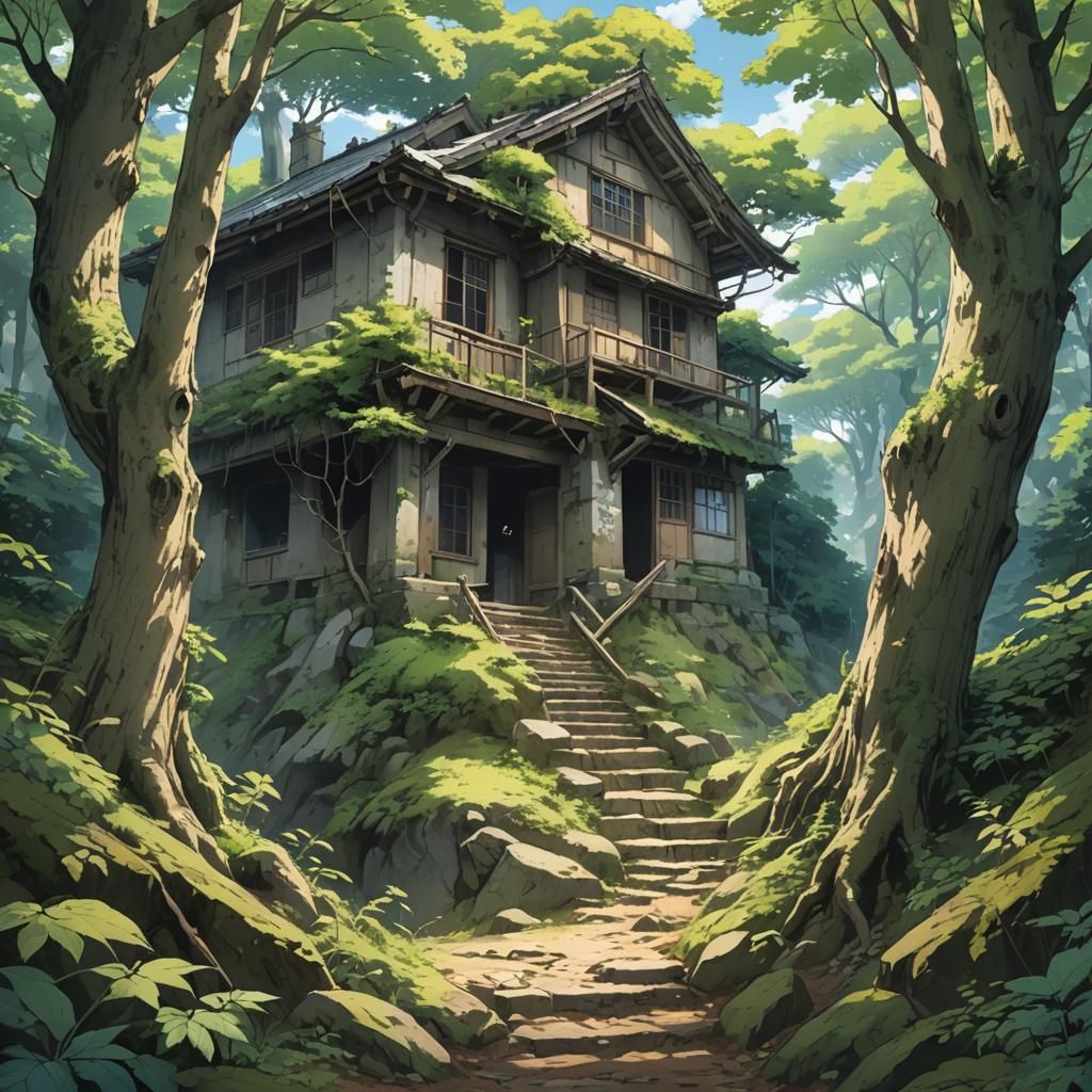 Enchanted Forest Path with Ruined House in Anime Style