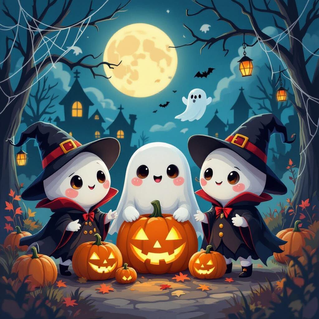 Labubu Halloween Characters in Spooky Storybook Style
