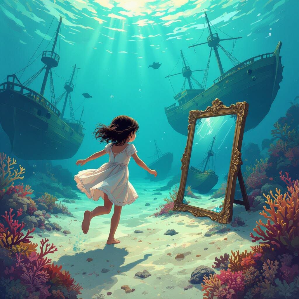 Girl Runs to Mirror on Ocean Floor Amidst Sunken Ships