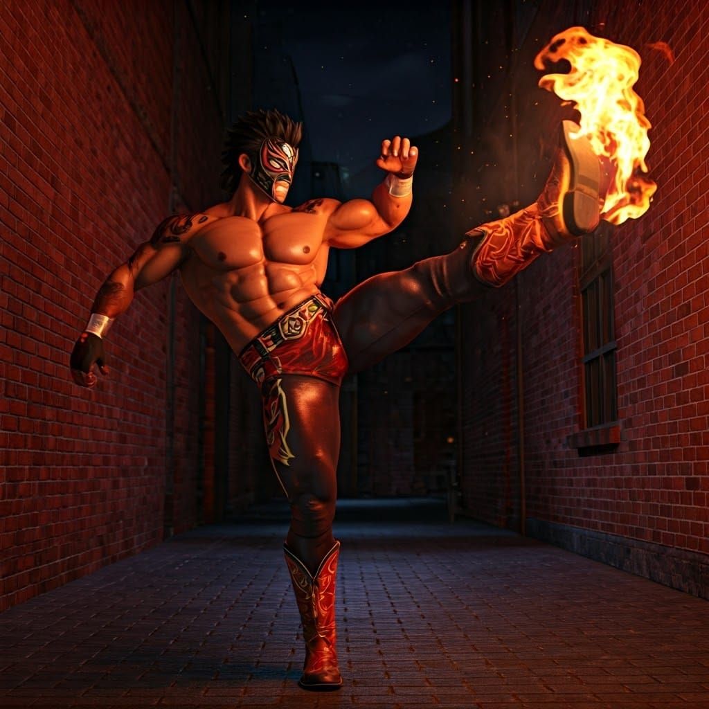 Spectacular Luchador Ignites Inferno Kick in Fiery Alleyway
